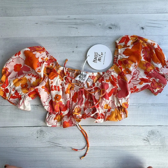 Princess Polly Avonsleigh Pink Floral Front Tie Crop Top 2 - Picture 3 of 6